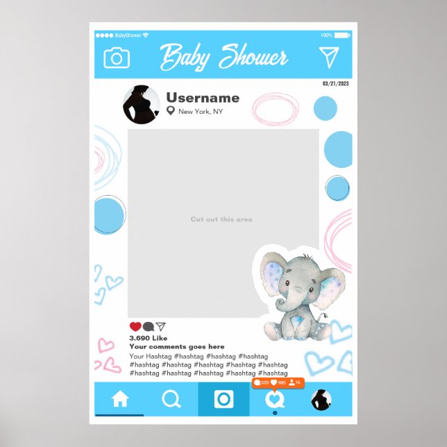 Baby Shower Anpassningsbar Selfie Ram Elefante Poster (Framsidan)
