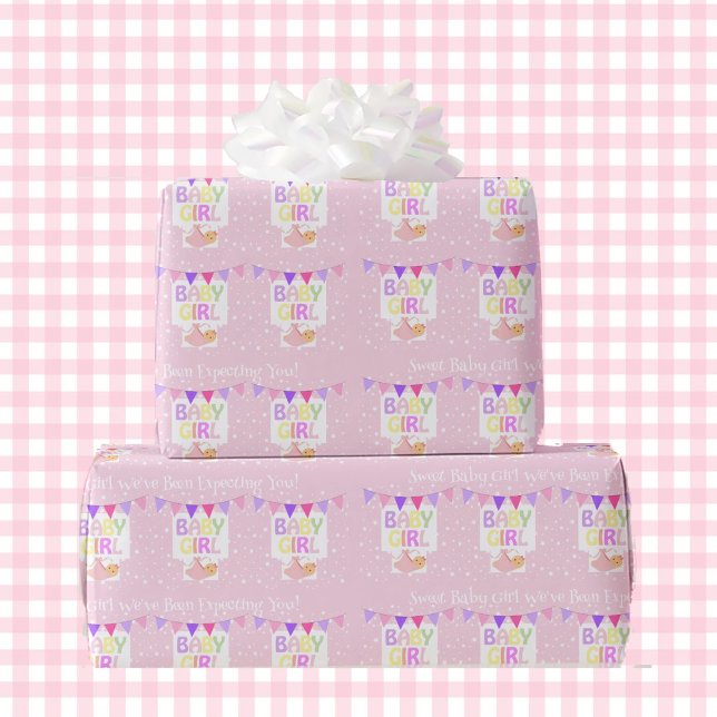 Baby Shower Anpassningsbar Text Girl's Rosa Gift Presentpapper (Skapare uppladdad)
