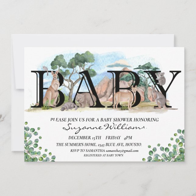 Baby Shower Australiensiska Djur Vattenfärg  Inbjudningar (Framsida)