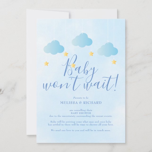 Baby Shower Avbeställning Blå dusch via post Inbjudningar (Framsida)