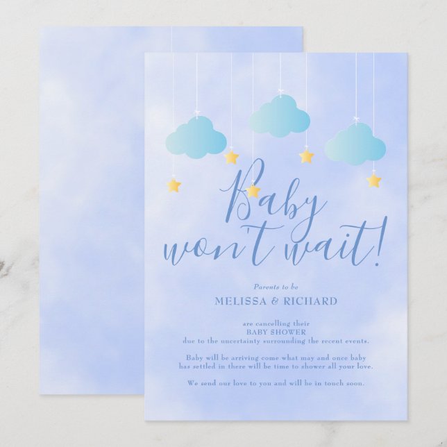 Baby Shower Avbeställning Blå Shower via Posten Inbjudningar (Fram/baksida)