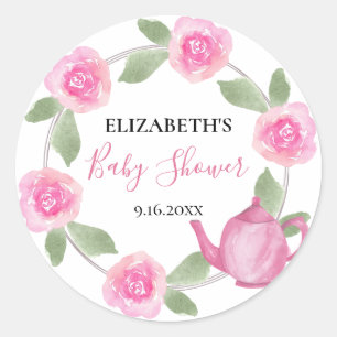 Baby Shower Baby bryggs Rosa tekanna Blommig Runt Klistermärke