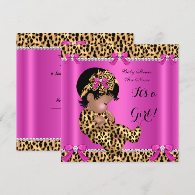 Baby Shower Baby Cute Girl Leopard Shock rosa Guld Inbjudningar (Fram/baksida)
