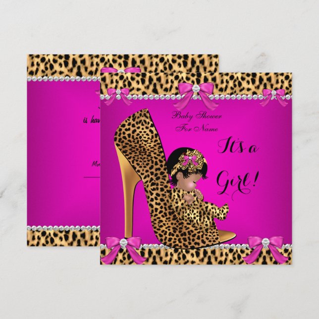 Baby Shower Baby Cute Girl Leopard Shock rosa Shoe Inbjudningar (Fram/baksida)