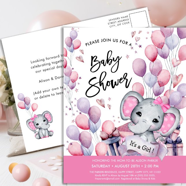 Baby Shower Baby Elephant Rosa Balloons Sweet Baby Inbjudan Vykort (Skapare uppladdad)