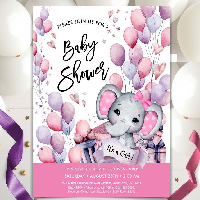 Baby Shower Baby Elephant Rosa Balloons Sweet Baby Inbjudningar (Skapare uppladdad)