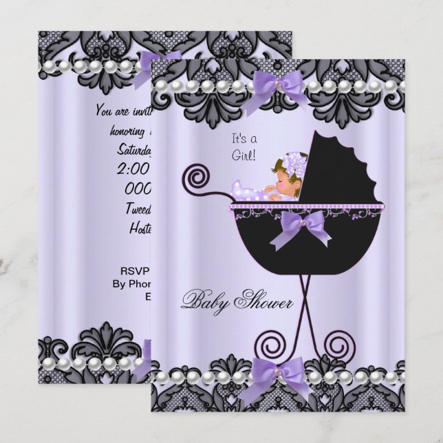 Baby Shower Baby Flicka Lavendel Lila Svart Spets Inbjudningar (Fram/baksida)