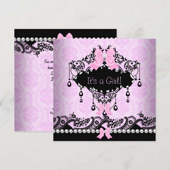 Baby Shower Baby Flicka Rosa Svart Damaskslinga Inbjudningar (Fram/baksida)