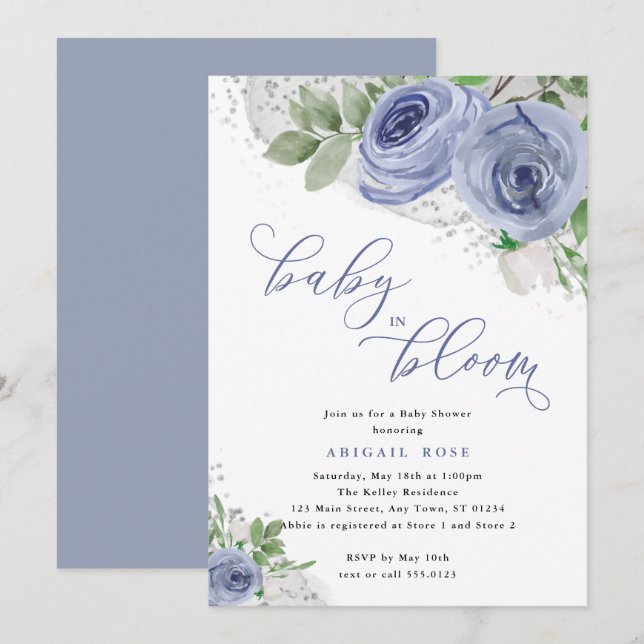 Baby Shower Baby i blommorna Bloom, Blue & Silver Inbjudningar (Fram/baksida)