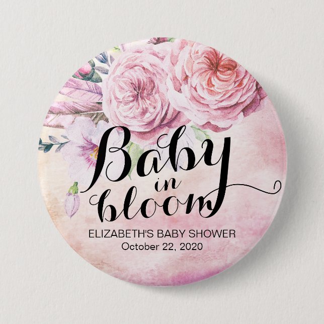 Baby Shower Baby i Bloom Boho Flowers & Feathers Knapp (Framsida)