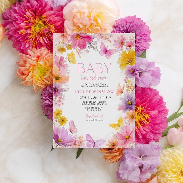 Baby Shower Baby i Bloom Butterfly Rosa Lila Inbjudningar (Bright Floral Baby In Bloom Baby Shower Invitation in purple, pink, yellow and peach. )