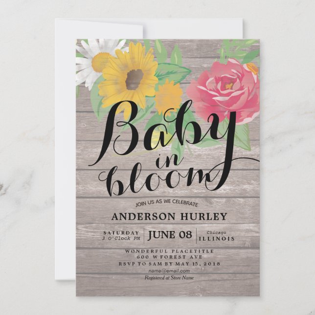Baby Shower Baby i Bloom Chic Flowers Rustic Wood Inbjudningar (Framsida)
