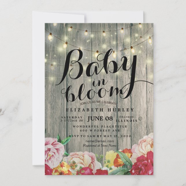 Baby Shower Baby i Bloom Flower String Light Wood Inbjudningar (Framsida)
