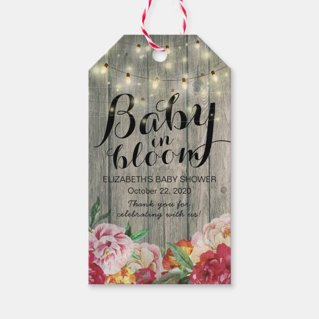 Baby Shower Baby i Bloom Flower Wood String Light Presentetikett (Framsidan)