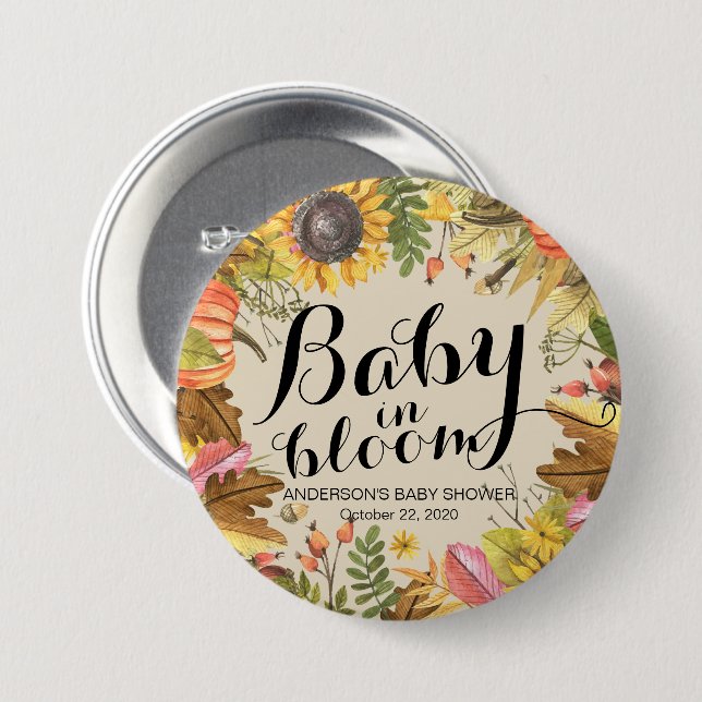 Baby Shower Baby i Bloom Maple Pumpkins Solros Knapp (Framsida & baksida)