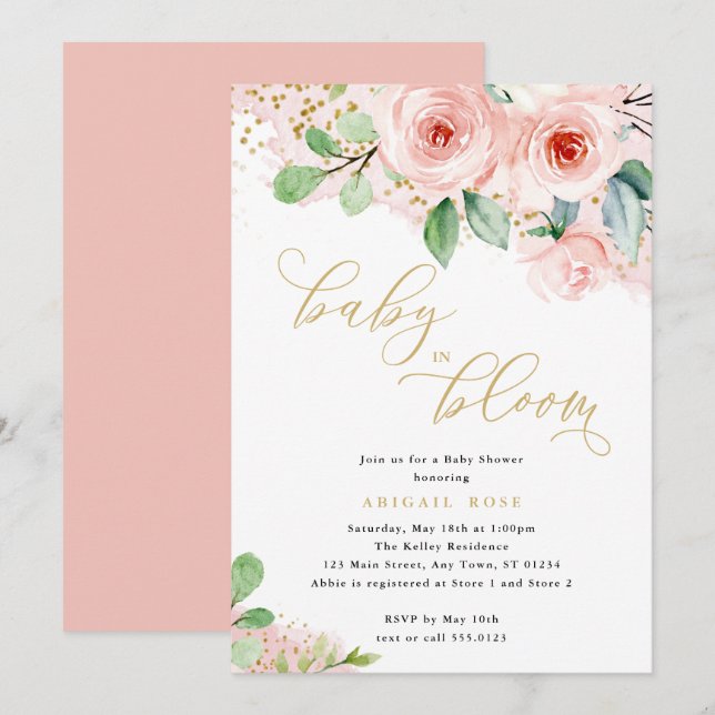 Baby Shower Baby i Bloom, Rosa Guld Blommigt Inbjudningar (Fram/baksida)