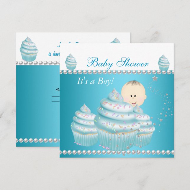 Baby Shower Baby Pojke Blå Cupcake Sprinkle Inbjudningar (Fram/baksida)