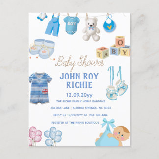 Baby Shower | Baby Pojke Blå Meddelande Vykort