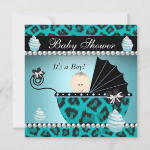 Baby Shower Baby Pojke Teal Cupcake Strössel Inbjudningar