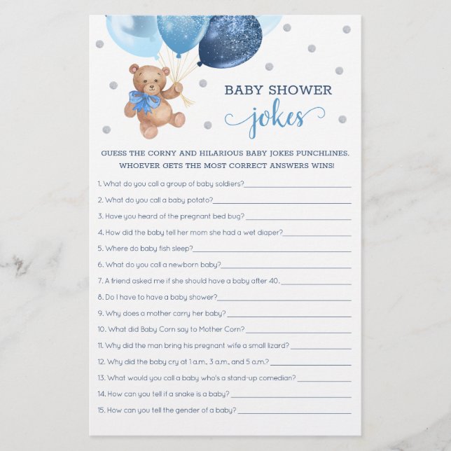 Baby Shower Baby Skämt Spel Teddybjörn Blå (Framsida)