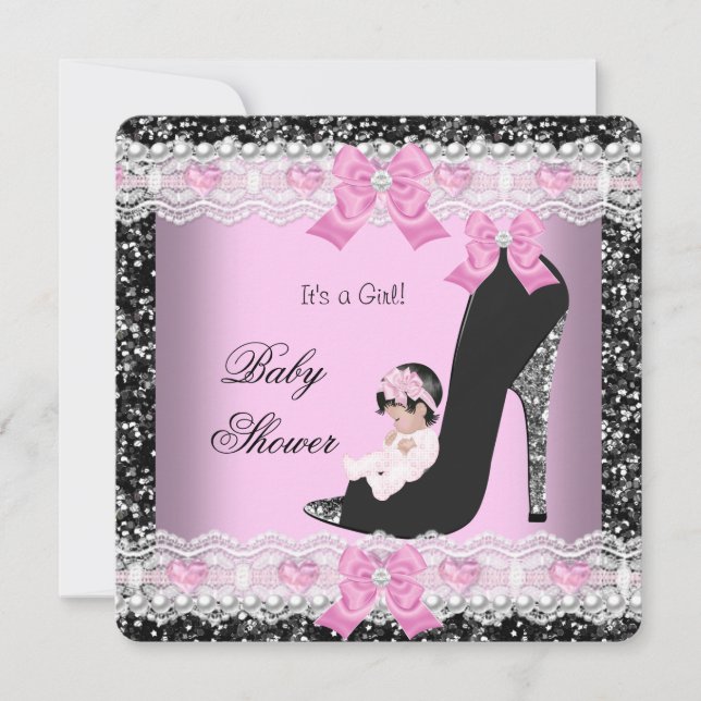 Baby Shower Babyflicka Rosa Spets Hjarta Skor Inbjudningar (Framsida)
