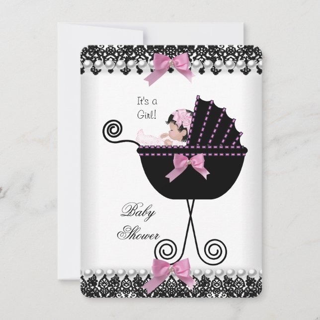 Baby Shower Babyflicka Rosa Svart Vit Spets Inbjudningar (Framsida)