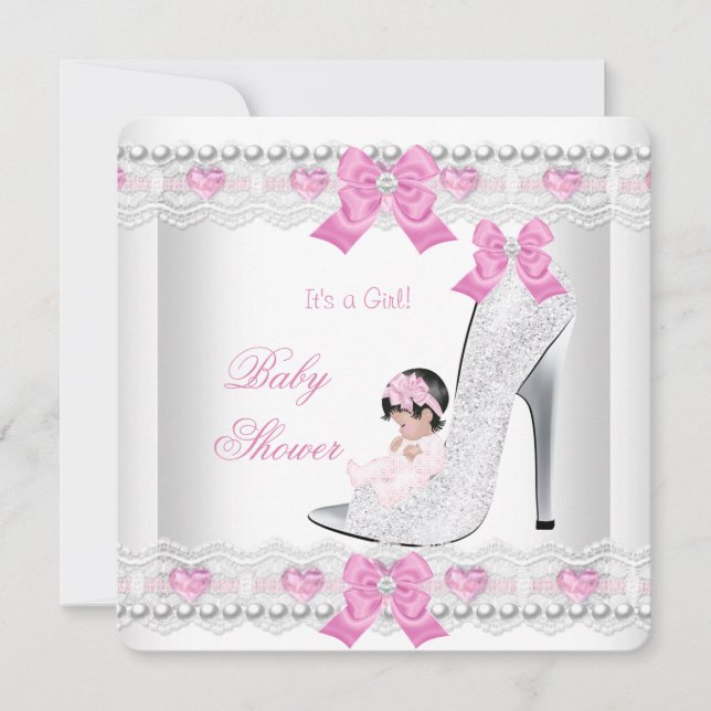 Baby Shower Babyflicka Rosa Vitt Spets Hjarta Skor Inbjudningar (Framsida)