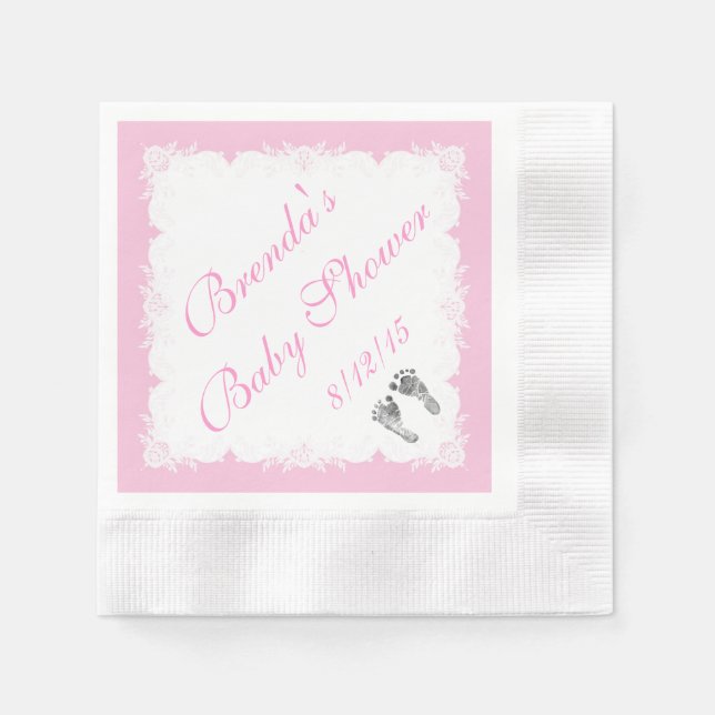 Baby Shower,  Babyspår, Rosa Vitt Pappersservett (Framsidan)