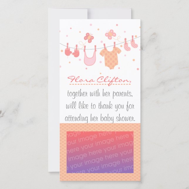 Baby shower: Barnkläder på klädstreck Tack Kort (Framsida)