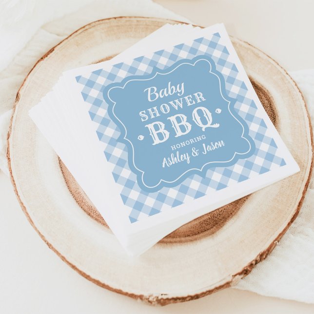 Baby Shower BBQ Blek Blue and White Gingham Play Pappersservett (Skapare uppladdad)