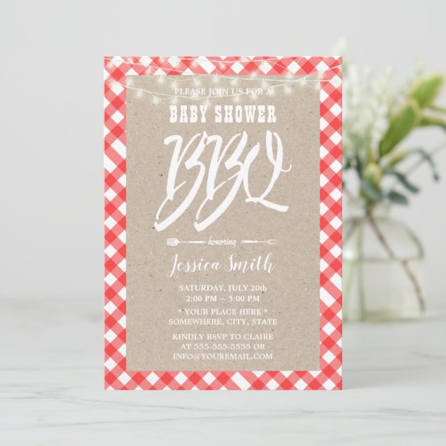 Baby Shower BBQ Red Play Rustic Kraft Inbjudningar (Stående Fram)