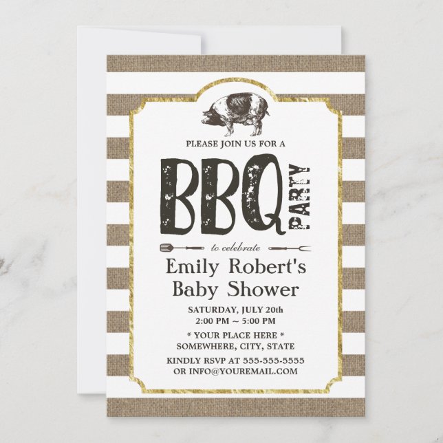 Baby Shower BBQ Rustic Burlap Rand Inbjudningar (Framsida)