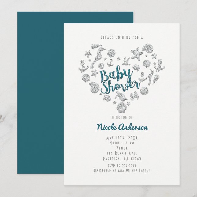 BABY SHOWER Beach Glam Diamond Heart-inbjudningar Inbjudningar (Fram/baksida)