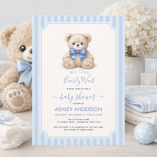 Baby Shower Bearly Wait Teddy Bear & Blue Stripes Inbjudningar