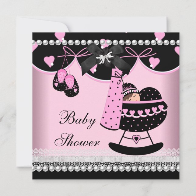 Baby Shower Bebis Flick Pink Svart Pärl Spets Inbjudningar (Framsida)