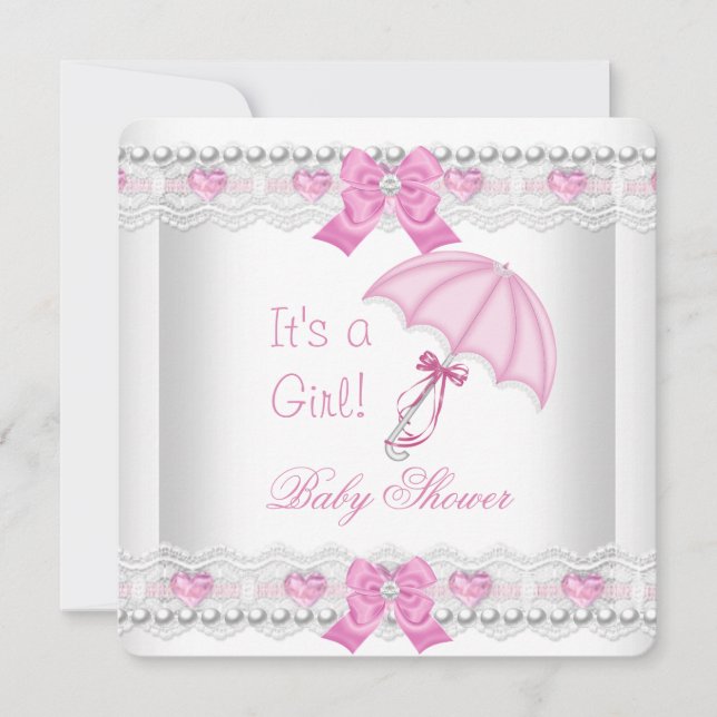 Baby Shower Bebis Flicka Rosa Vit Spets Paraply Inbjudningar (Framsida)