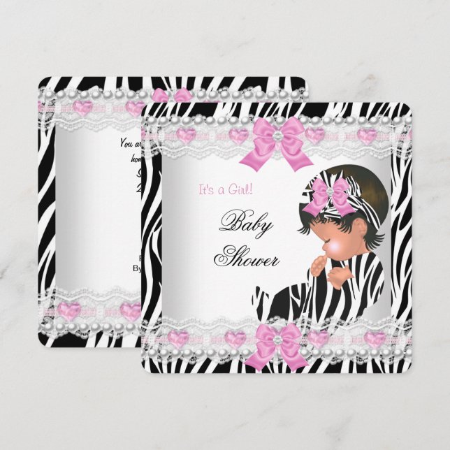 Baby Shower Bebis Flicka Rosa Zebra Hjarta Inbjudningar (Fram/baksida)
