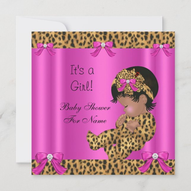 Baby Shower Bebis Söt Flick Leopard Hetrosa Guld Inbjudningar (Framsida)
