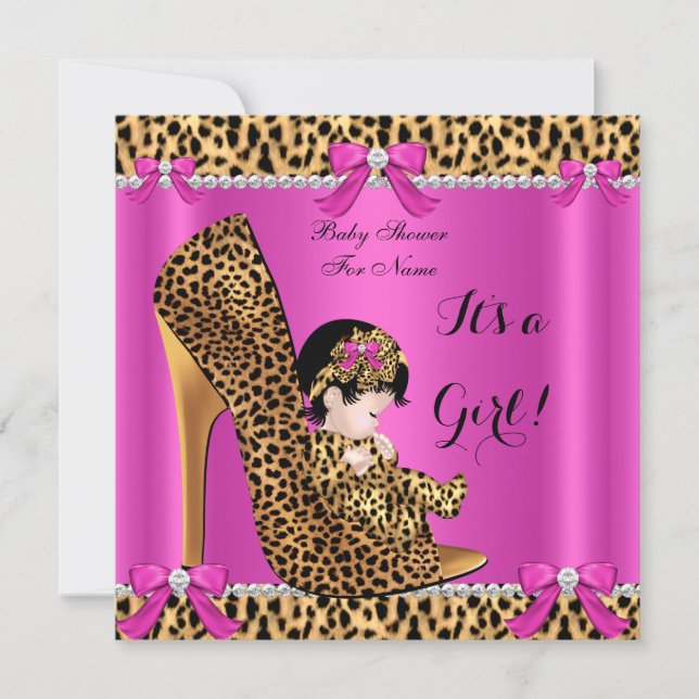 Baby Shower Bebis Söt Flick Leopard Hetrosa Skor B Inbjudningar (Framsida)