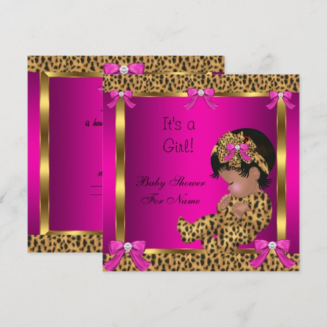 Baby Shower Bebis Söt Flick Leopard Rosa Guld 2 Inbjudningar (Fram/baksida)
