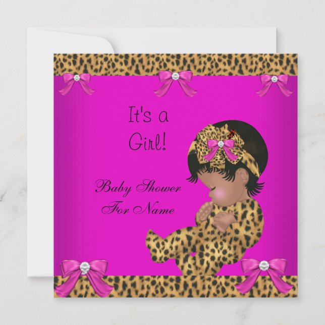 Baby Shower Bebis Söt Flick Leopard Rosa Guld 3 Inbjudningar (Framsida)