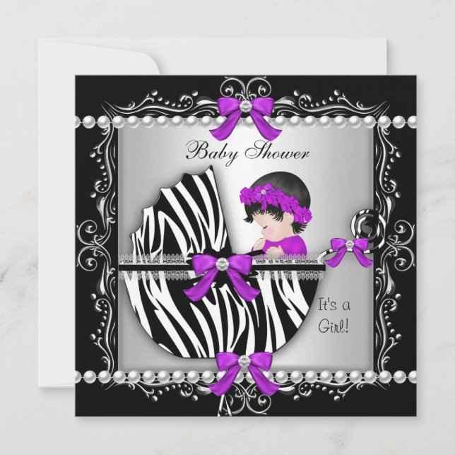 Baby Shower Bebis Söt Flick Zebra Barnvagn Silver Inbjudningar (Framsida)