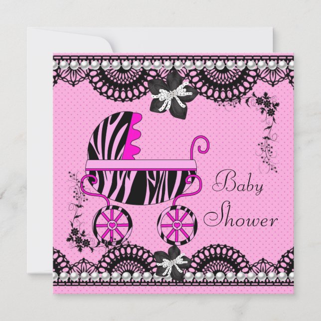 Baby Shower Bebis Svart Vit Rosa Flicka Inbjudningar (Framsida)