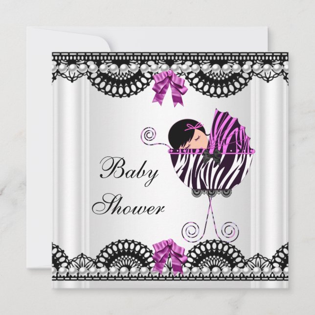 Baby Shower Bebis Zebra Flicka Svart Vitt Rosa Inbjudningar (Framsida)