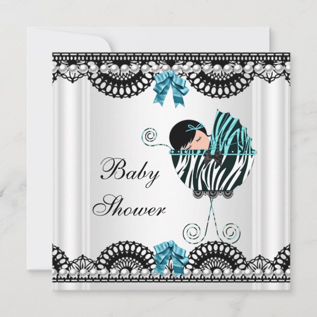 Baby Shower Bebis Zebra Pojke Svart Vit Blå Inbjudningar (Framsida)