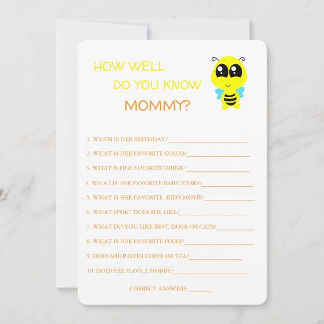 Baby Shower, Bee, hur bra vet du Mamma-kortet? Inbjudningar (Framsida)