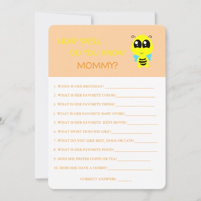 Baby Shower, Bee, hur bra vet du Mamma-kortet? Inbjudningar (Framsida)