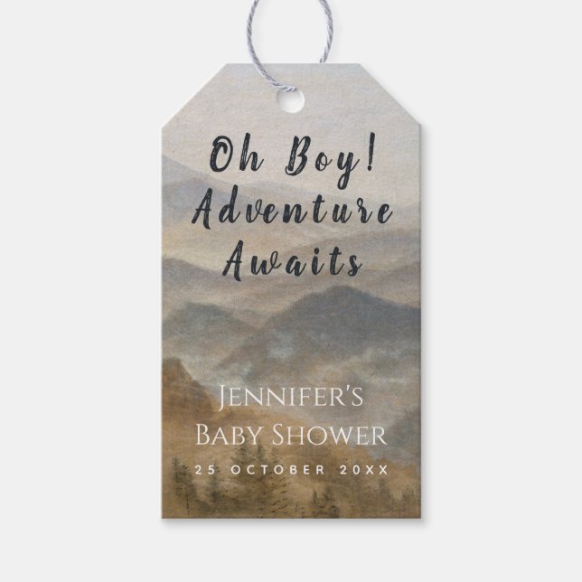 Baby Shower Berg Oh Pojke Äventyr Väntar Presentetikett (Framsidan)