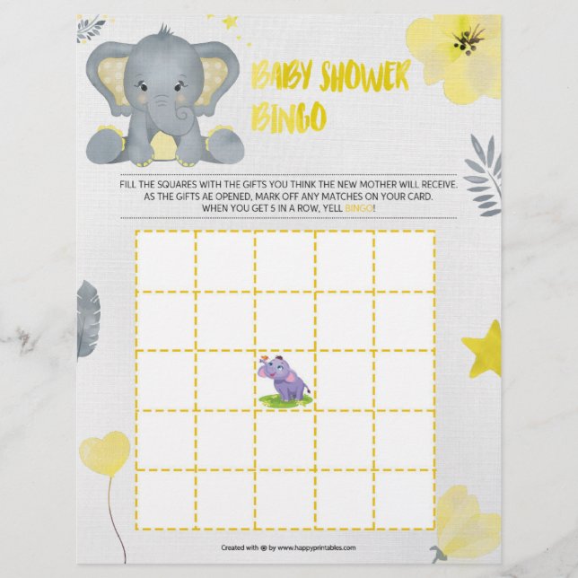 Baby Shower Bingo [Baby Elephant [Gult]] Brevhuvud (Framsida)