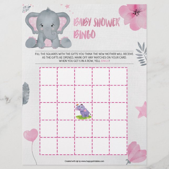 Baby Shower Bingo [Baby Elephant [Rosa]] Brevhuvud (Framsida)